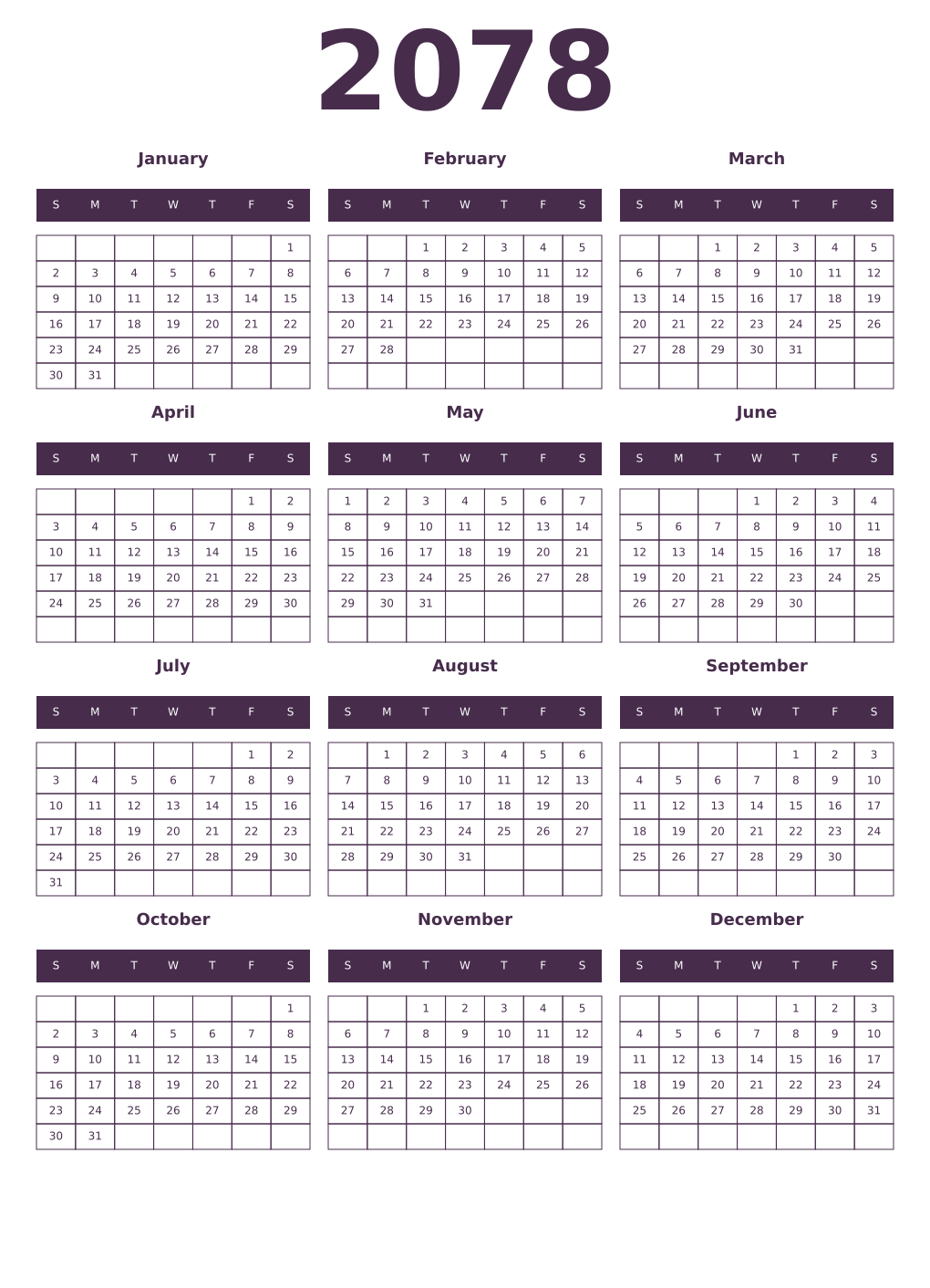 Printable 2078 Year Calendars aubergine