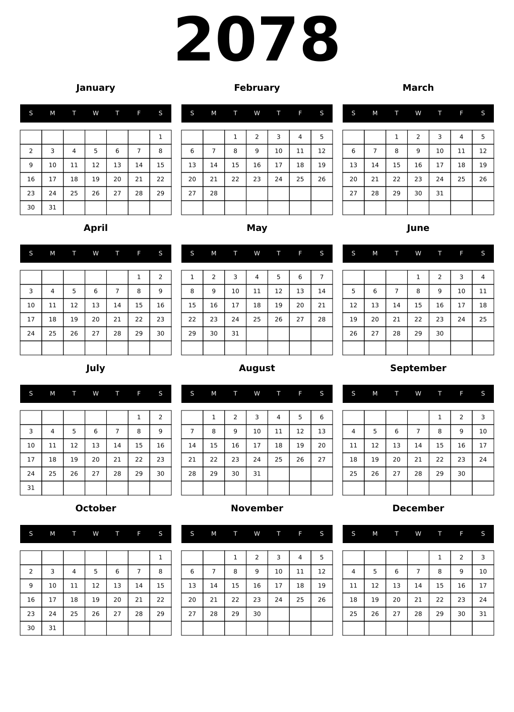 Printable 2078 Year Calendars black