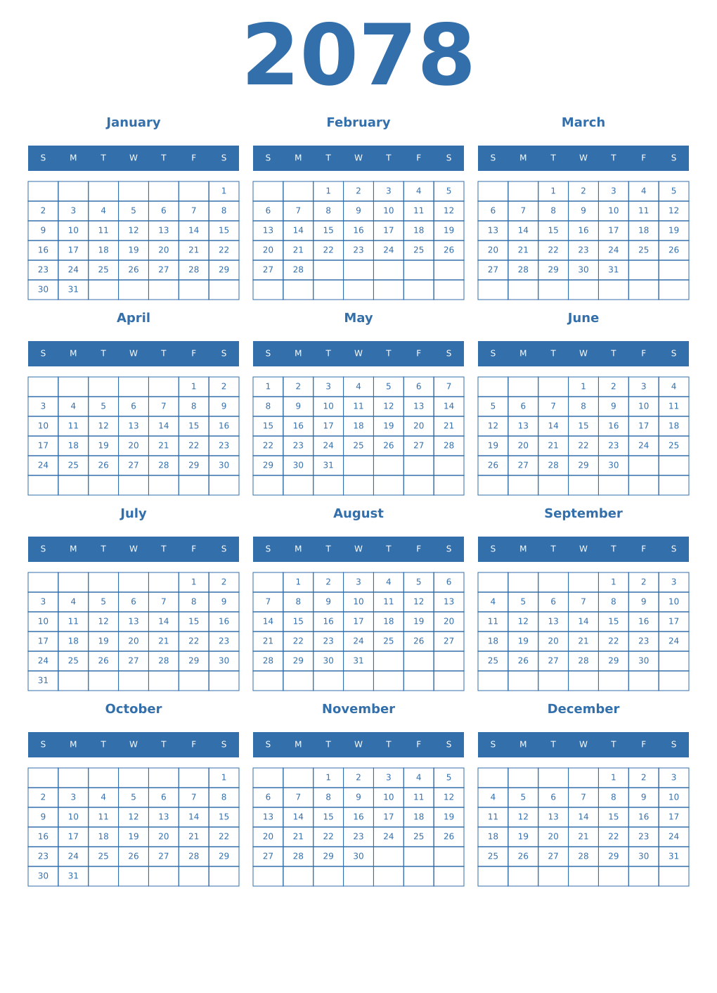 Printable 2078 Year Calendars blue