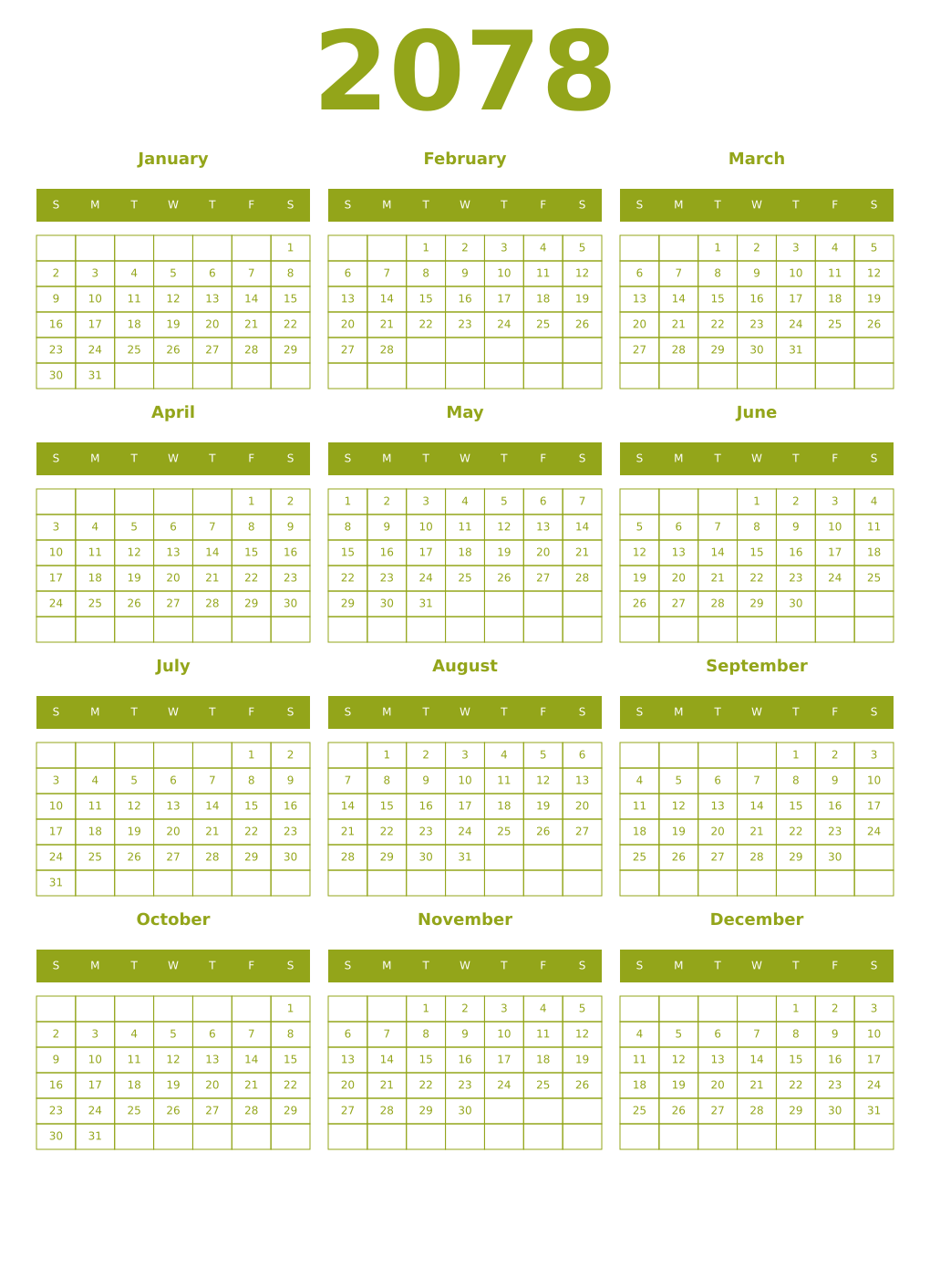 Printable 2078 Year Calendars chartreuse