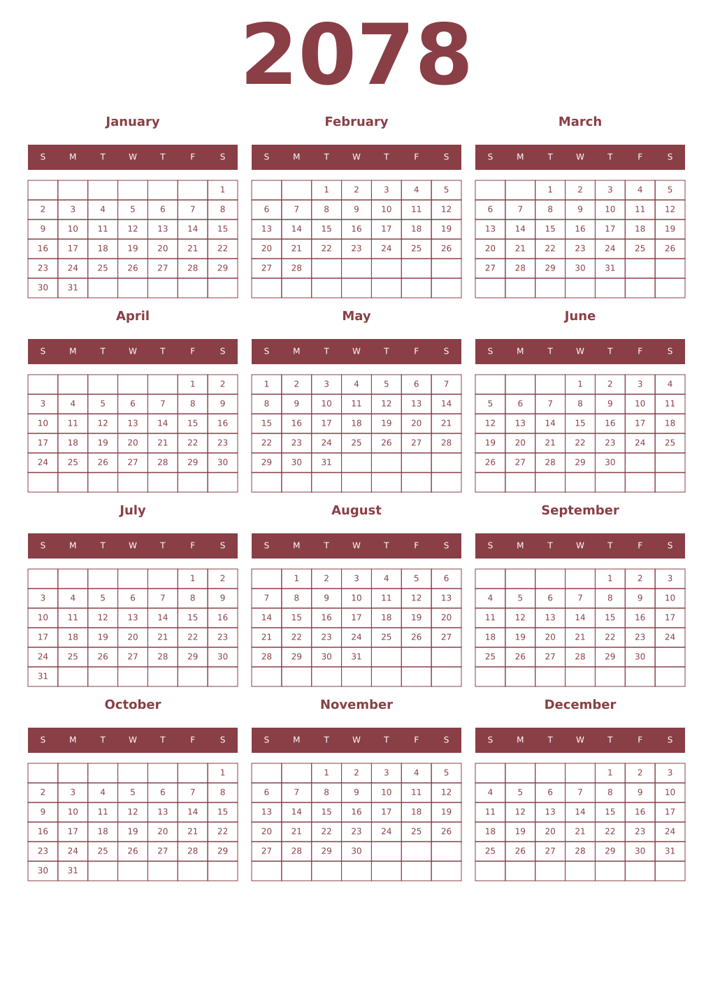 Printable 2078 Year Calendars cordovan
