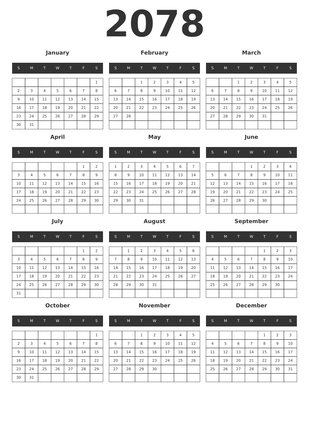 Printable 2078 Year Calendars dark