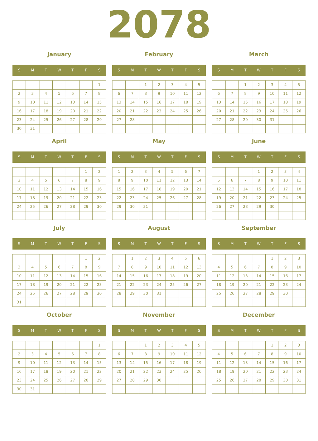 Printable 2078 Year Calendars eburnean