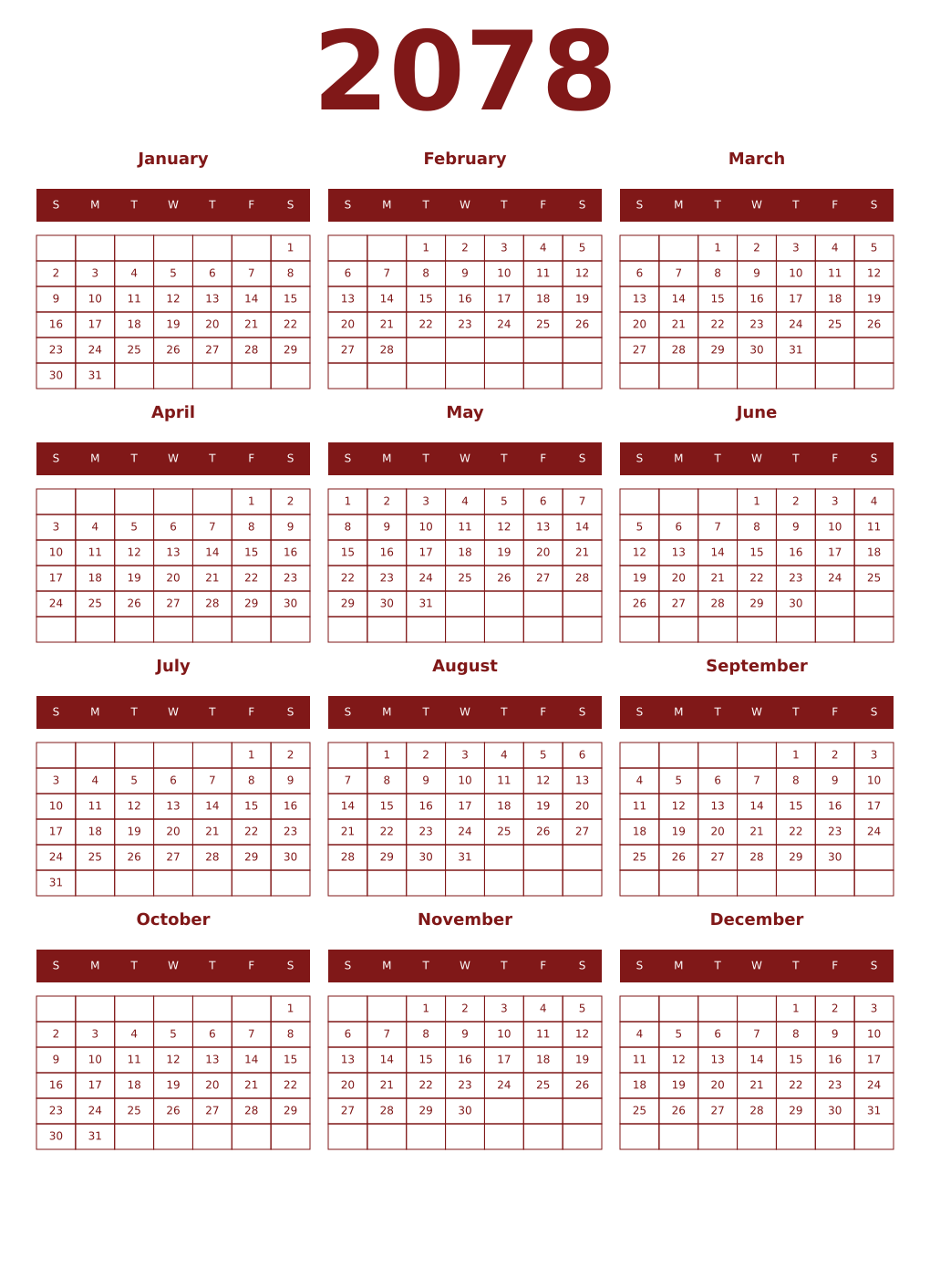 Printable 2078 Year Calendars falu
