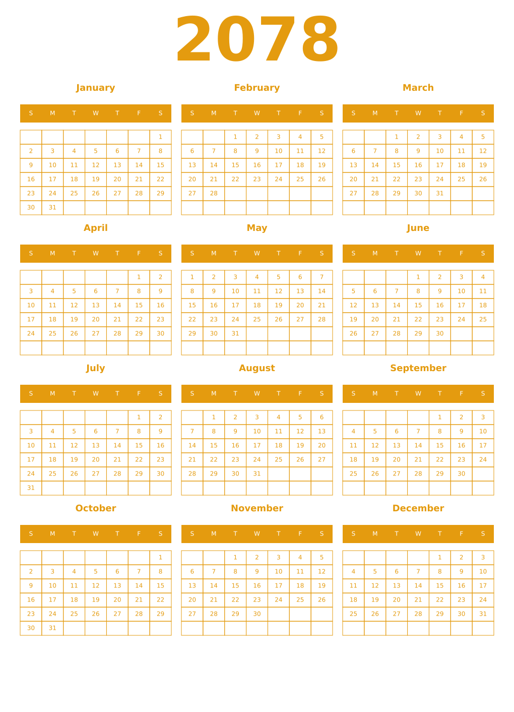 Printable 2078 Year Calendars gamboge