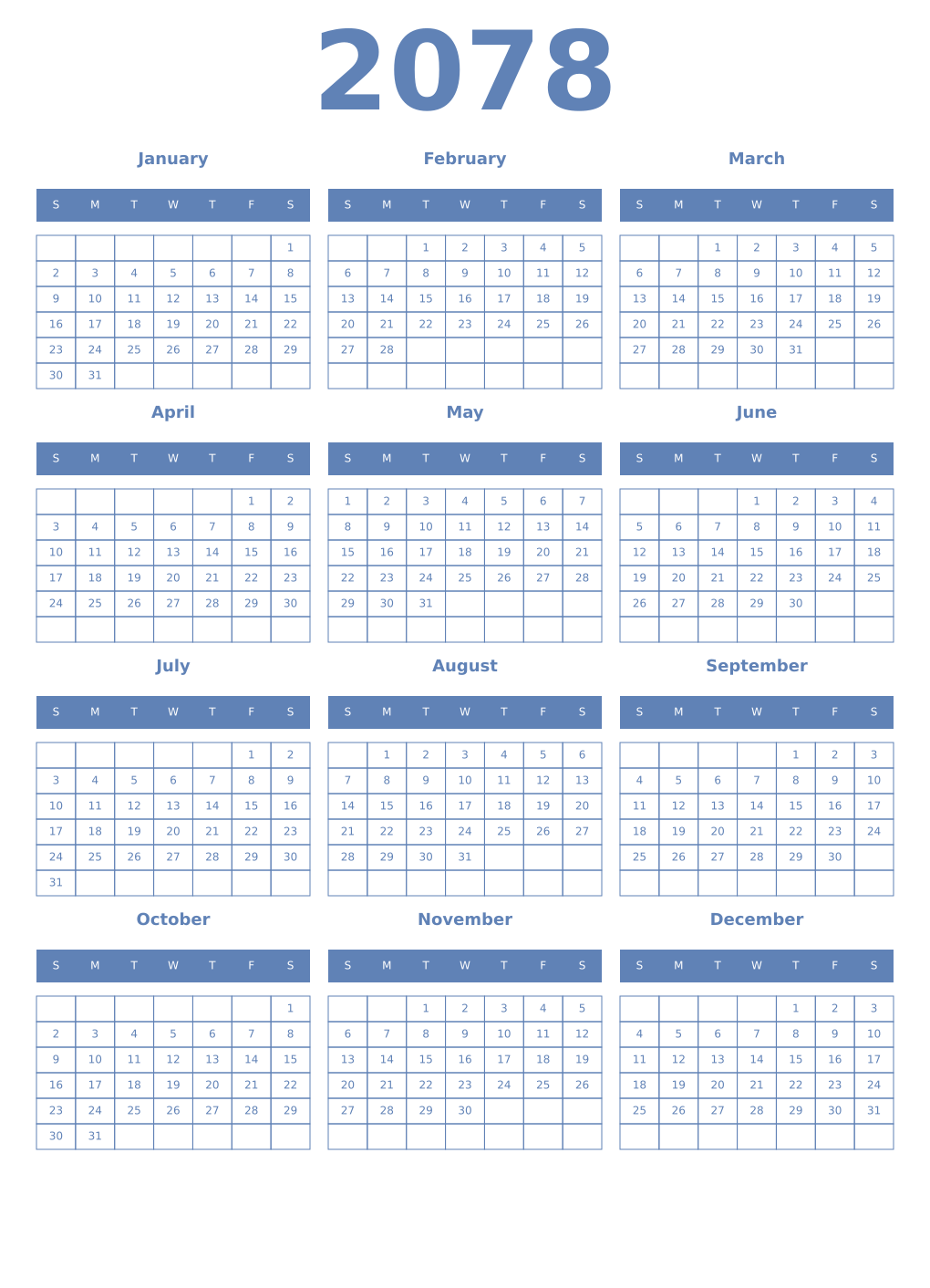Printable 2078 Year Calendars glaucous