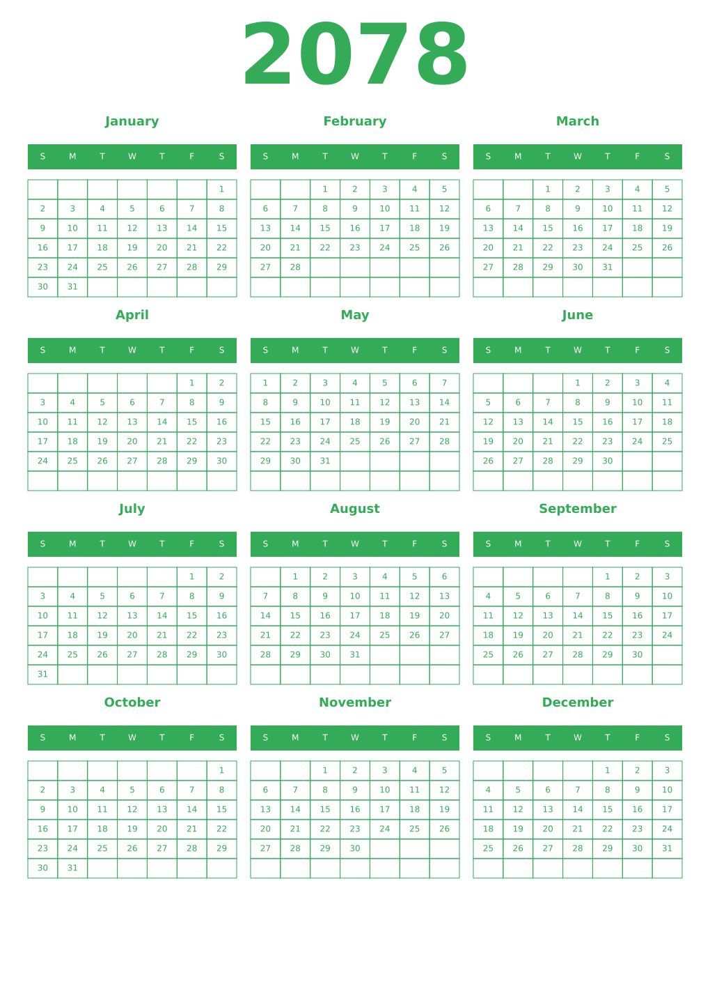 Printable 2078 Year Calendars green