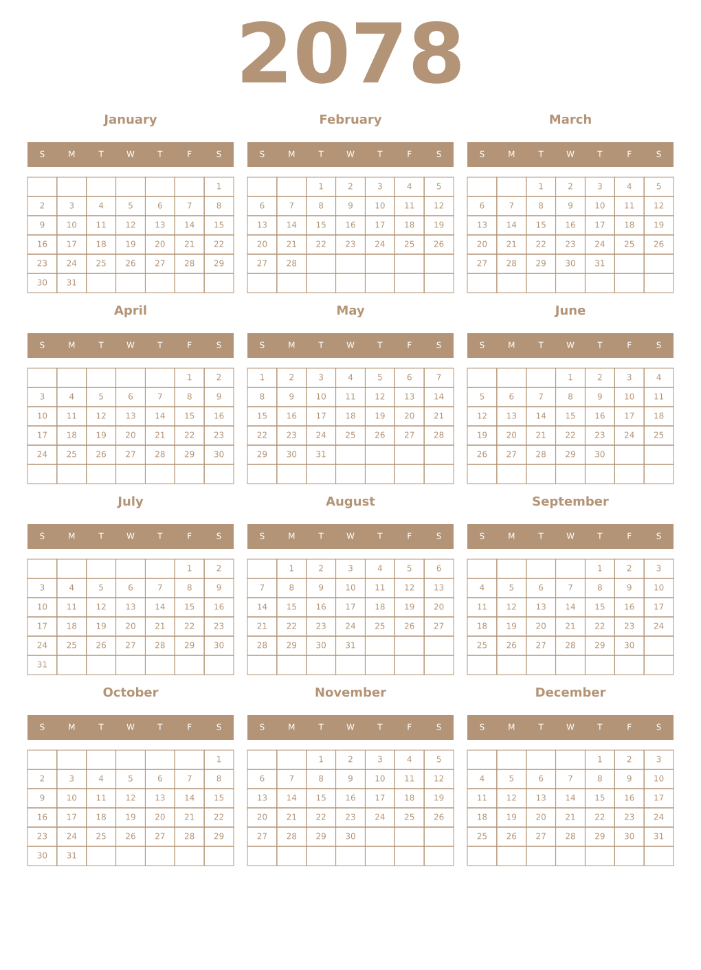 Printable 2078 Year Calendars isabelline