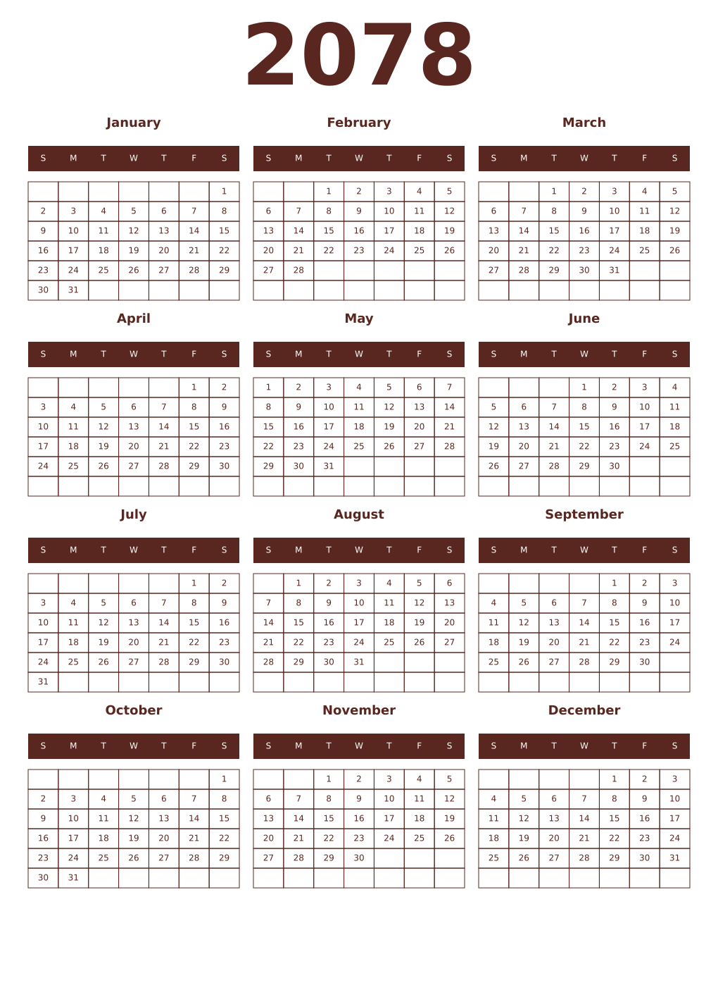 Printable 2078 Year Calendars mortuum