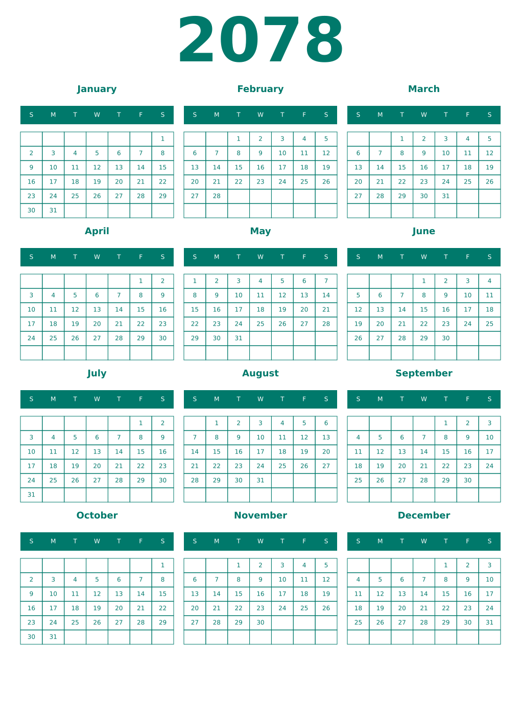Printable 2078 Year Calendars pastel