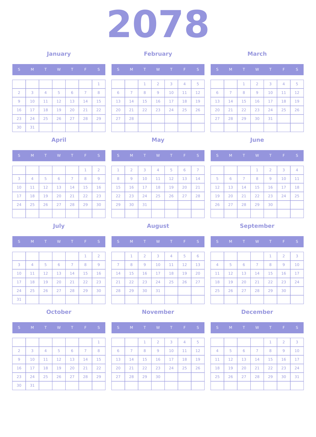 Printable 2078 Year Calendars periwinkle