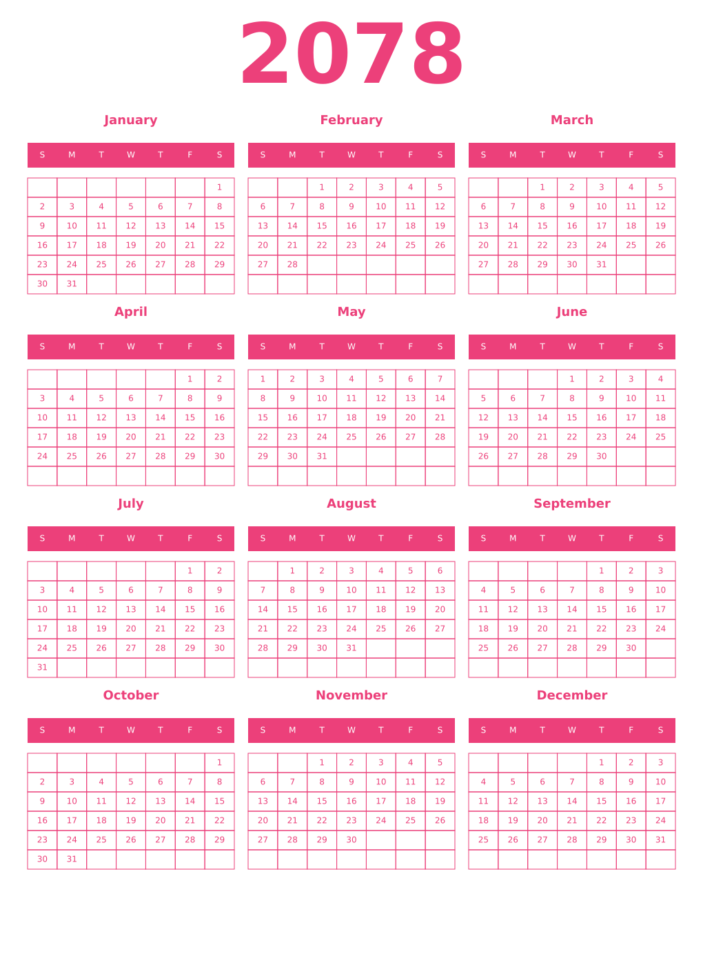 Printable 2078 Year Calendars pink