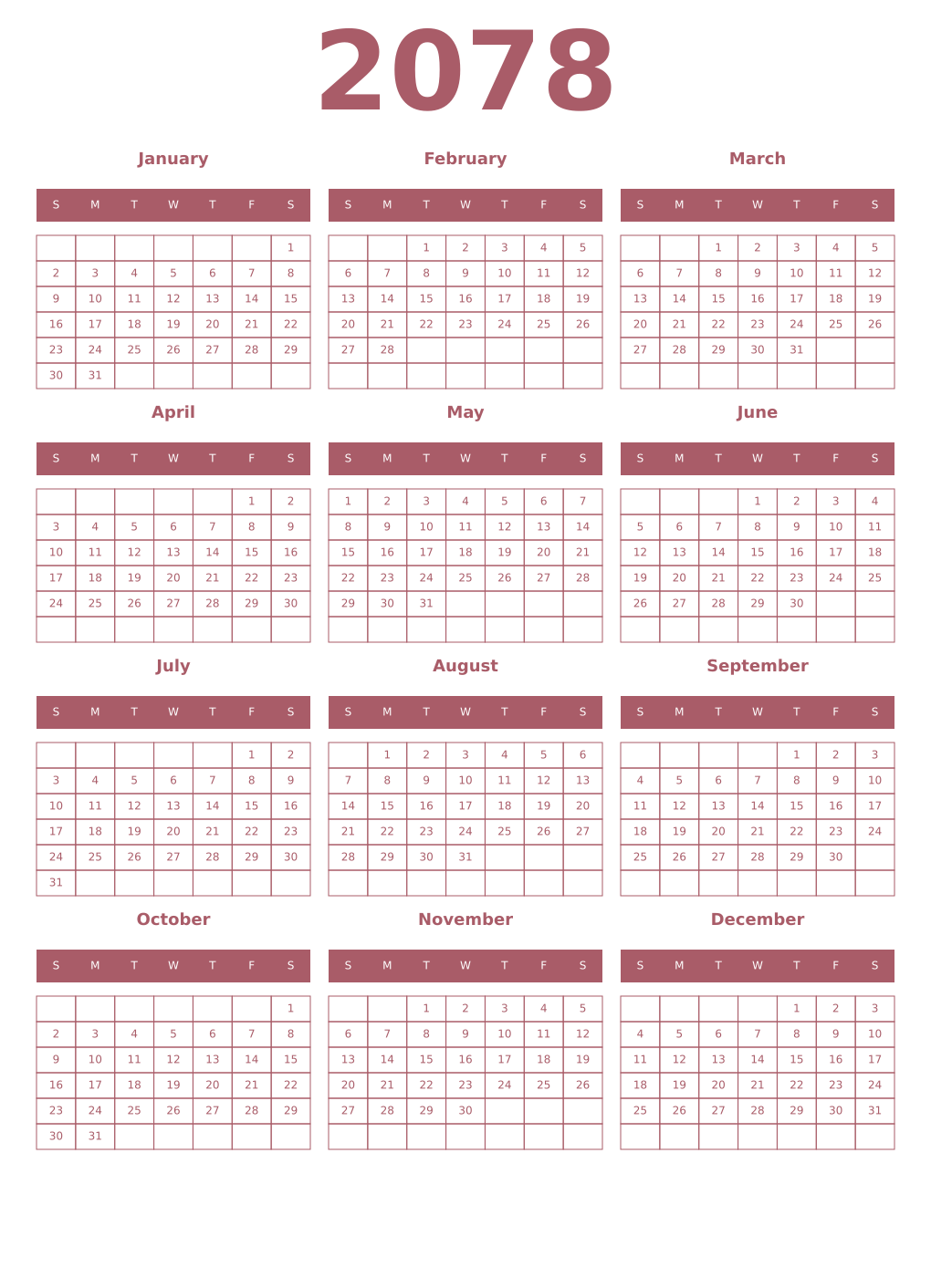 Printable 2078 Year Calendars puce