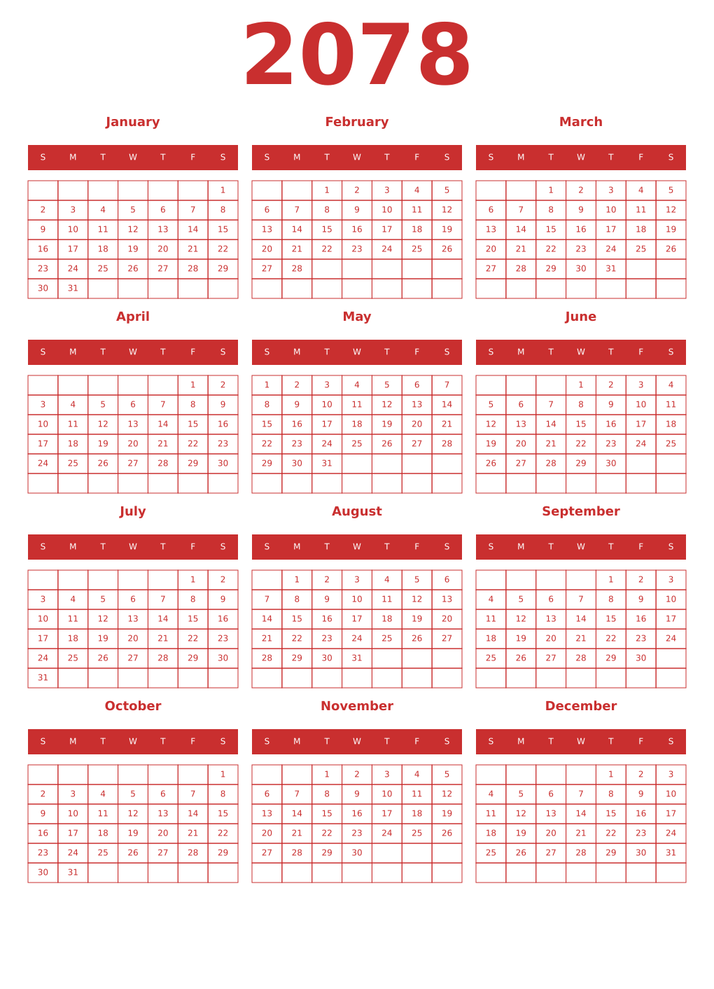 Printable 2078 Year Calendars red