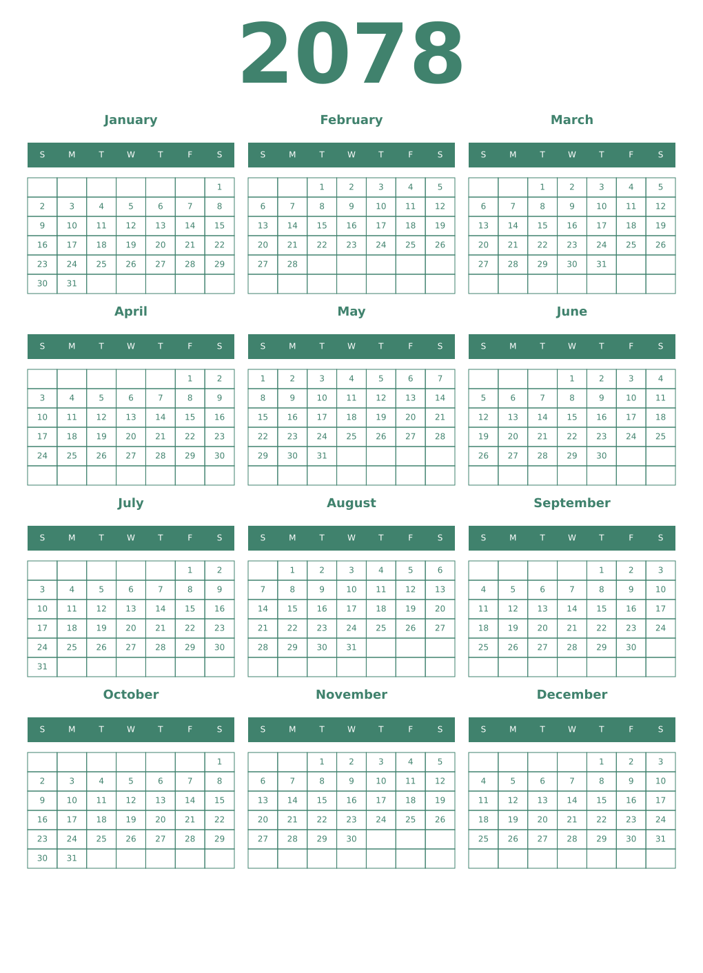 Printable 2078 Year Calendars viridian