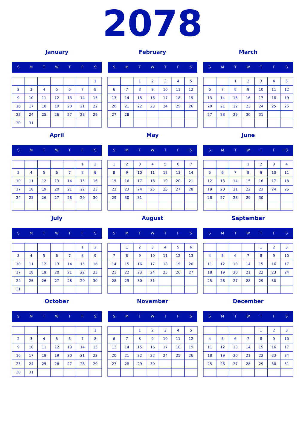 Printable 2078 Year Calendars zaffre