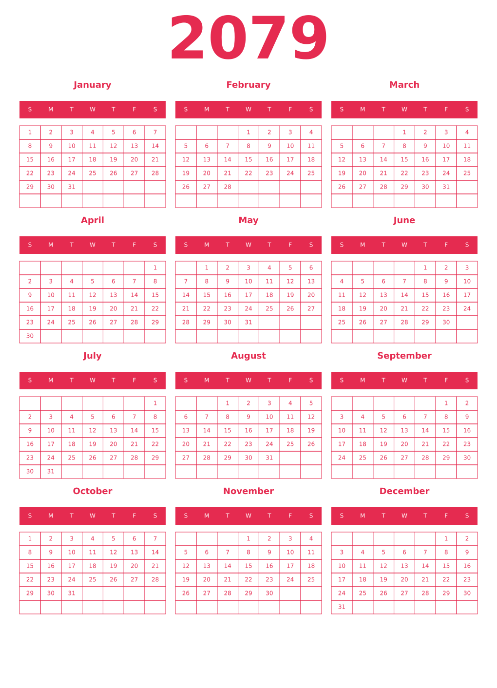 Printable 2079 Year Calendars amaranth
