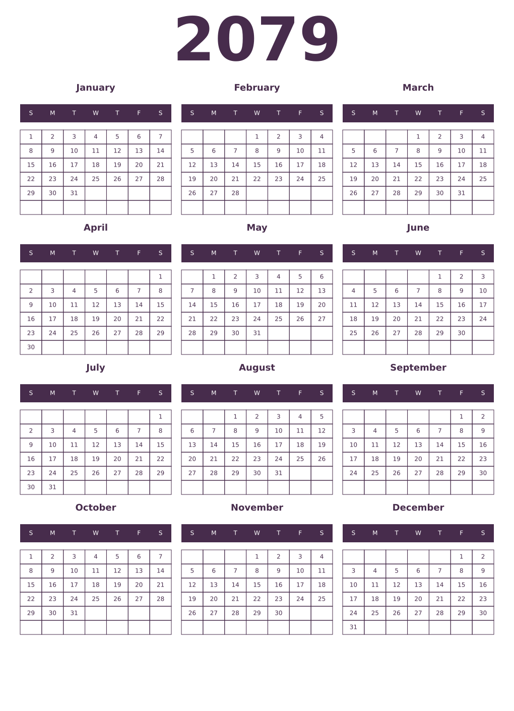 Printable 2079 Year Calendars aubergine