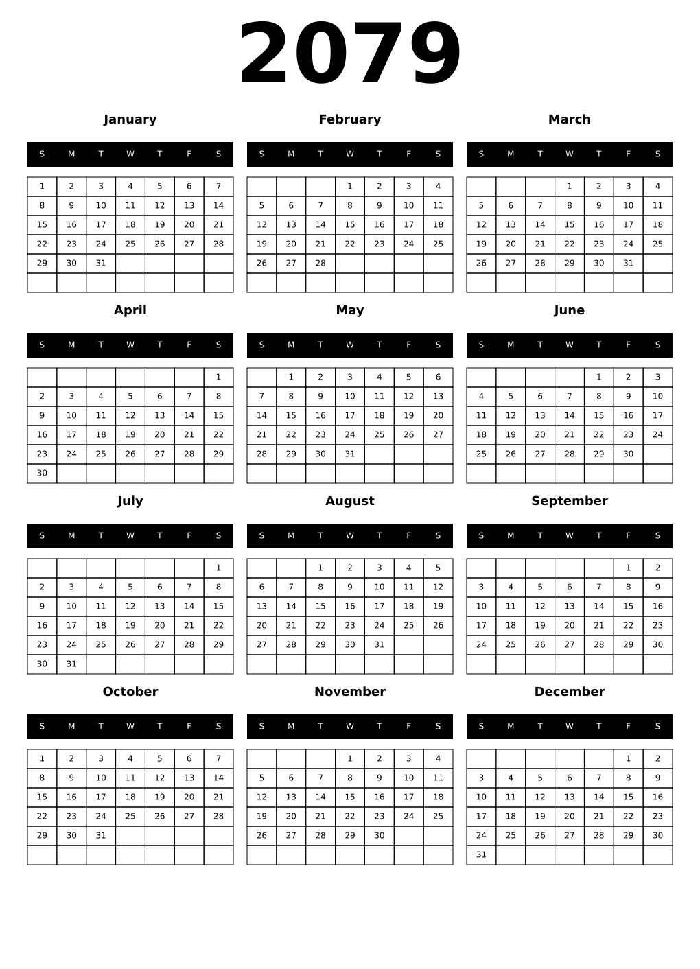 Printable 2079 Year Calendars black