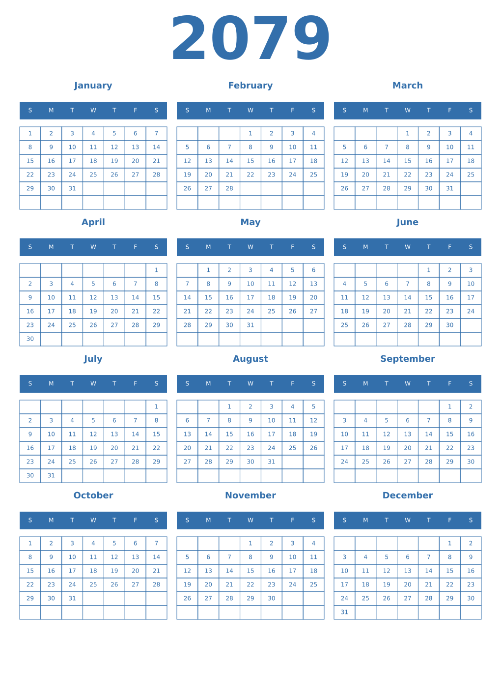 Printable 2079 Year Calendars blue