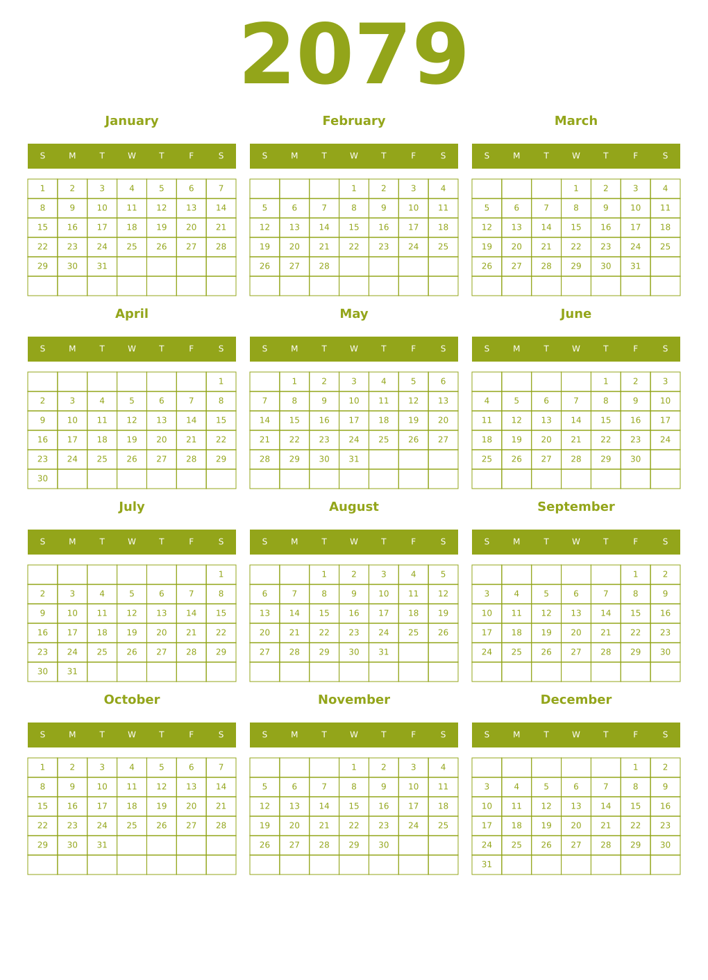 Printable 2079 Year Calendars chartreuse