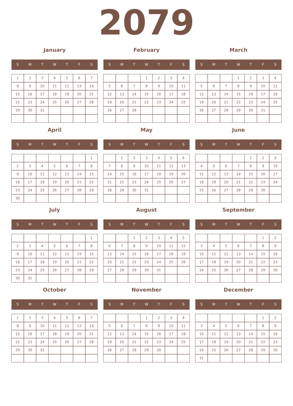 Printable 2079 Year Calendars coffe