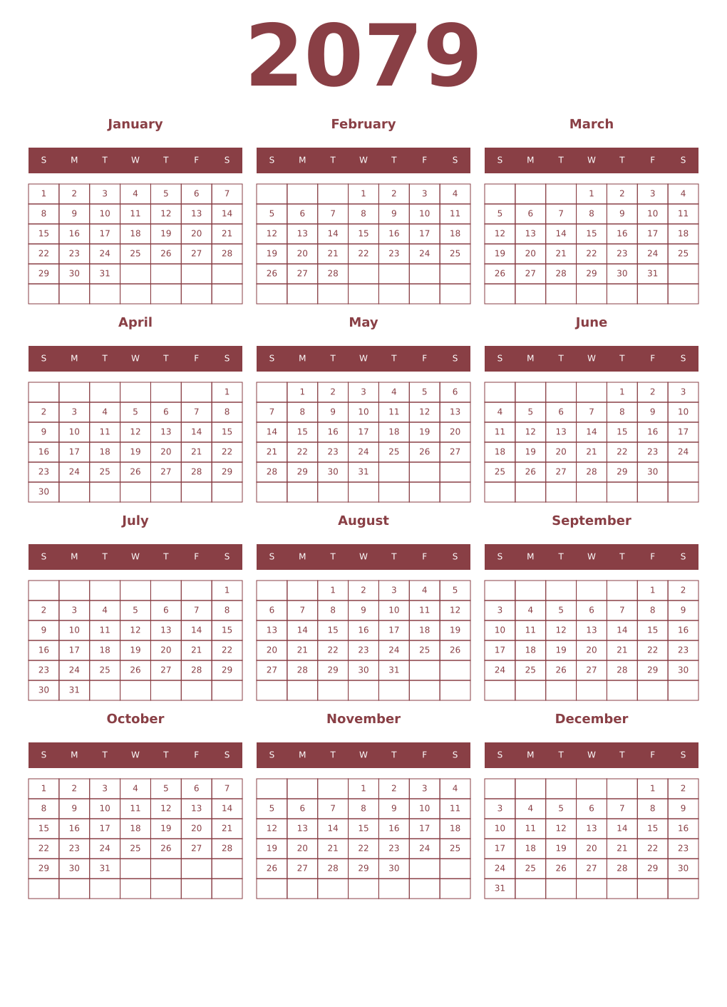 Printable 2079 Year Calendars cordovan