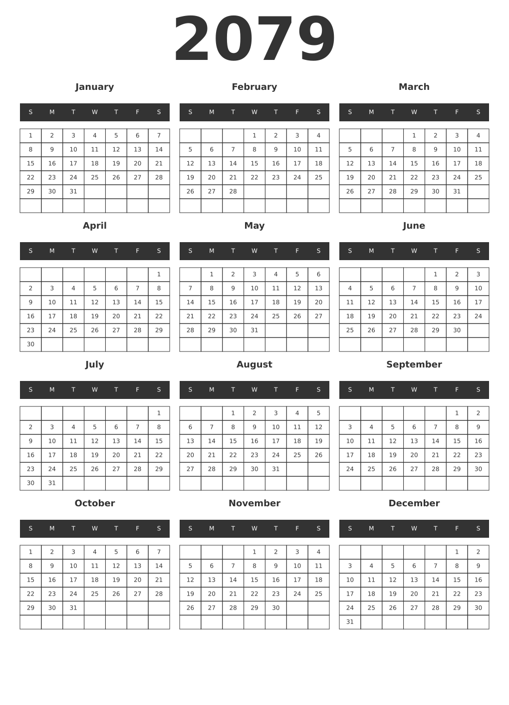 Printable 2079 Year Calendars dark