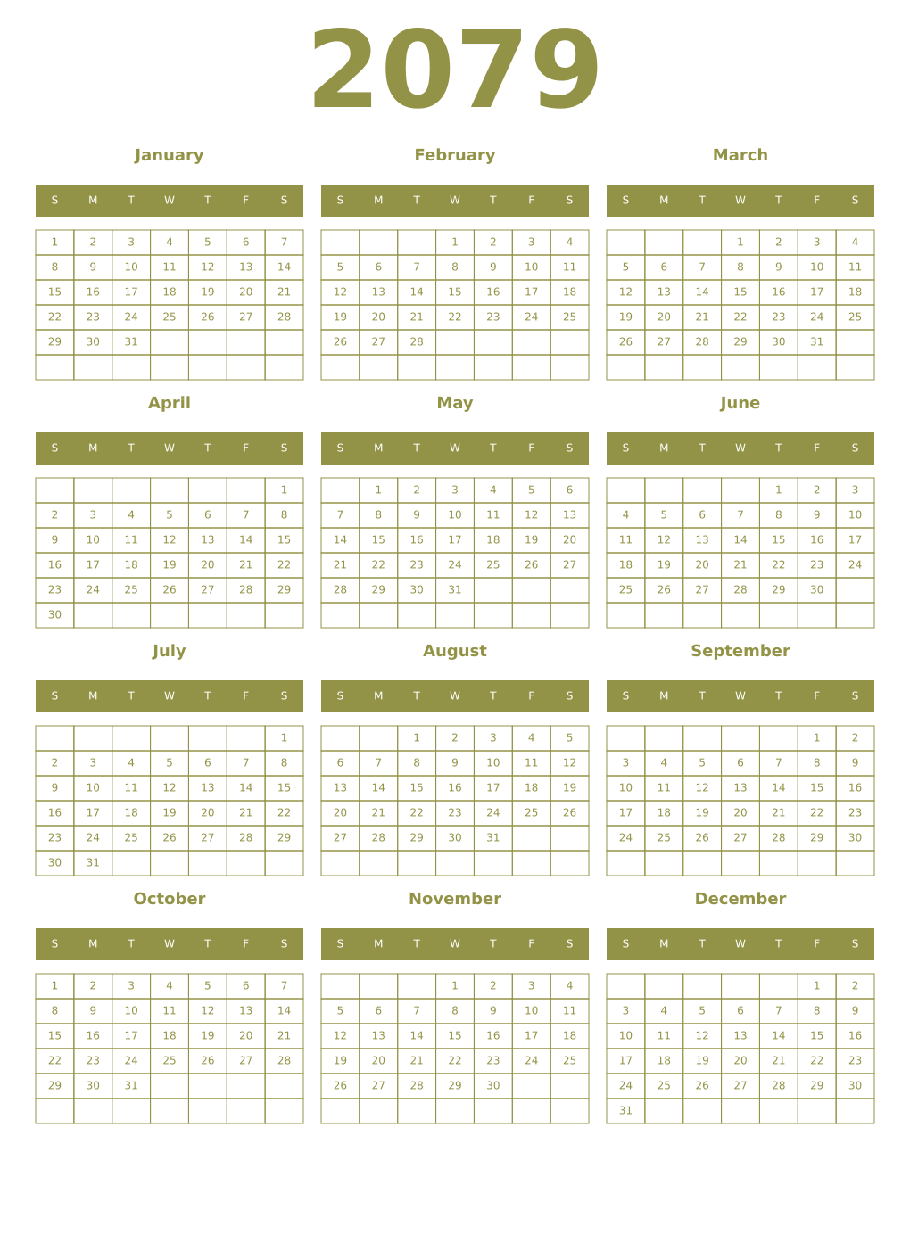 Printable 2079 Year Calendars eburnean