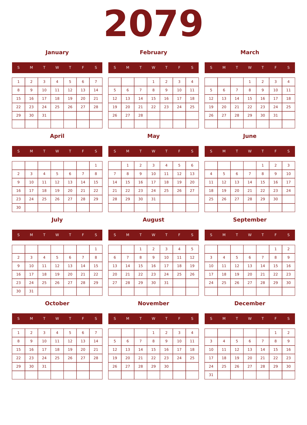 Printable 2079 Year Calendars falu