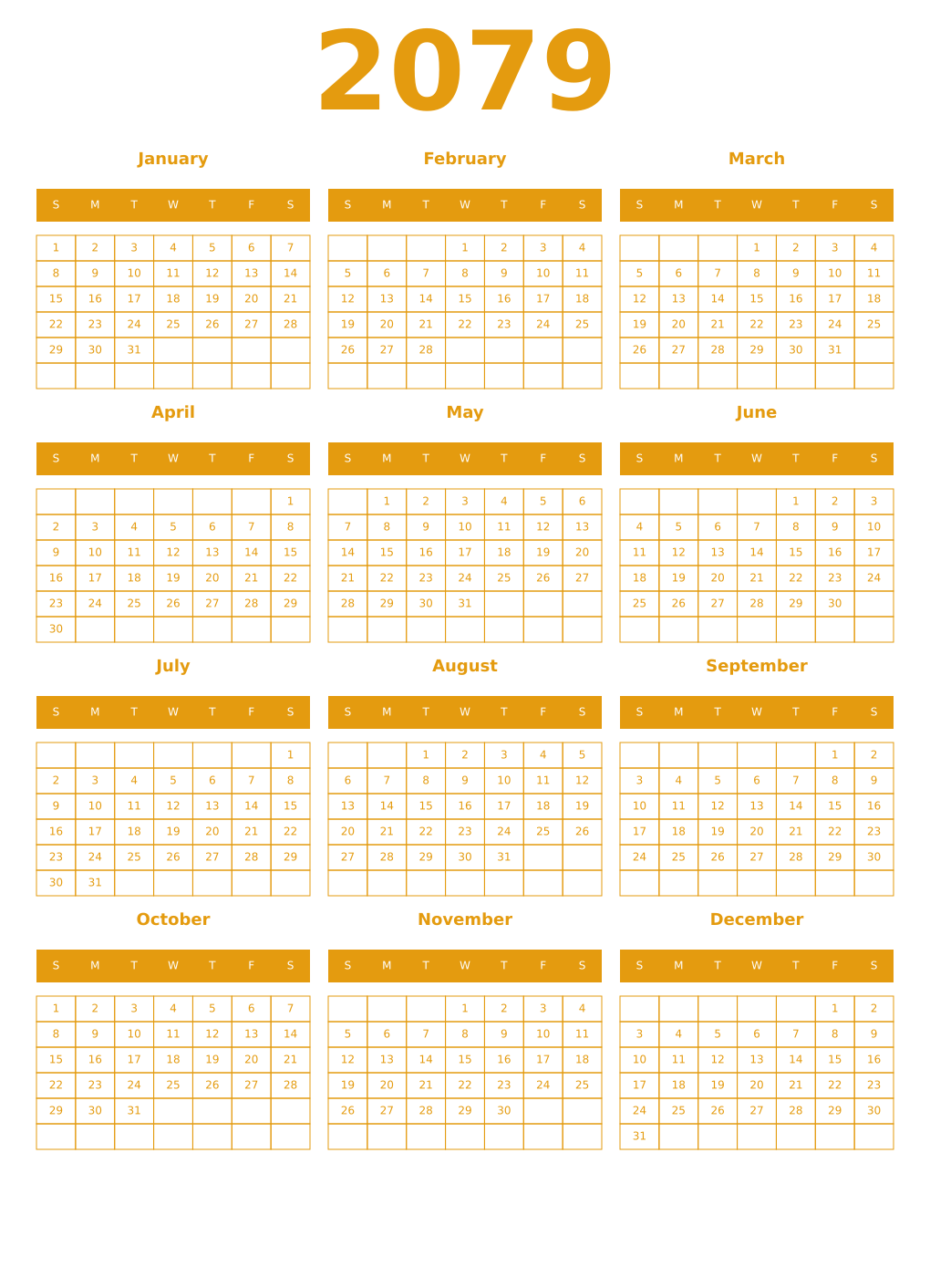 Printable 2079 Year Calendars gamboge