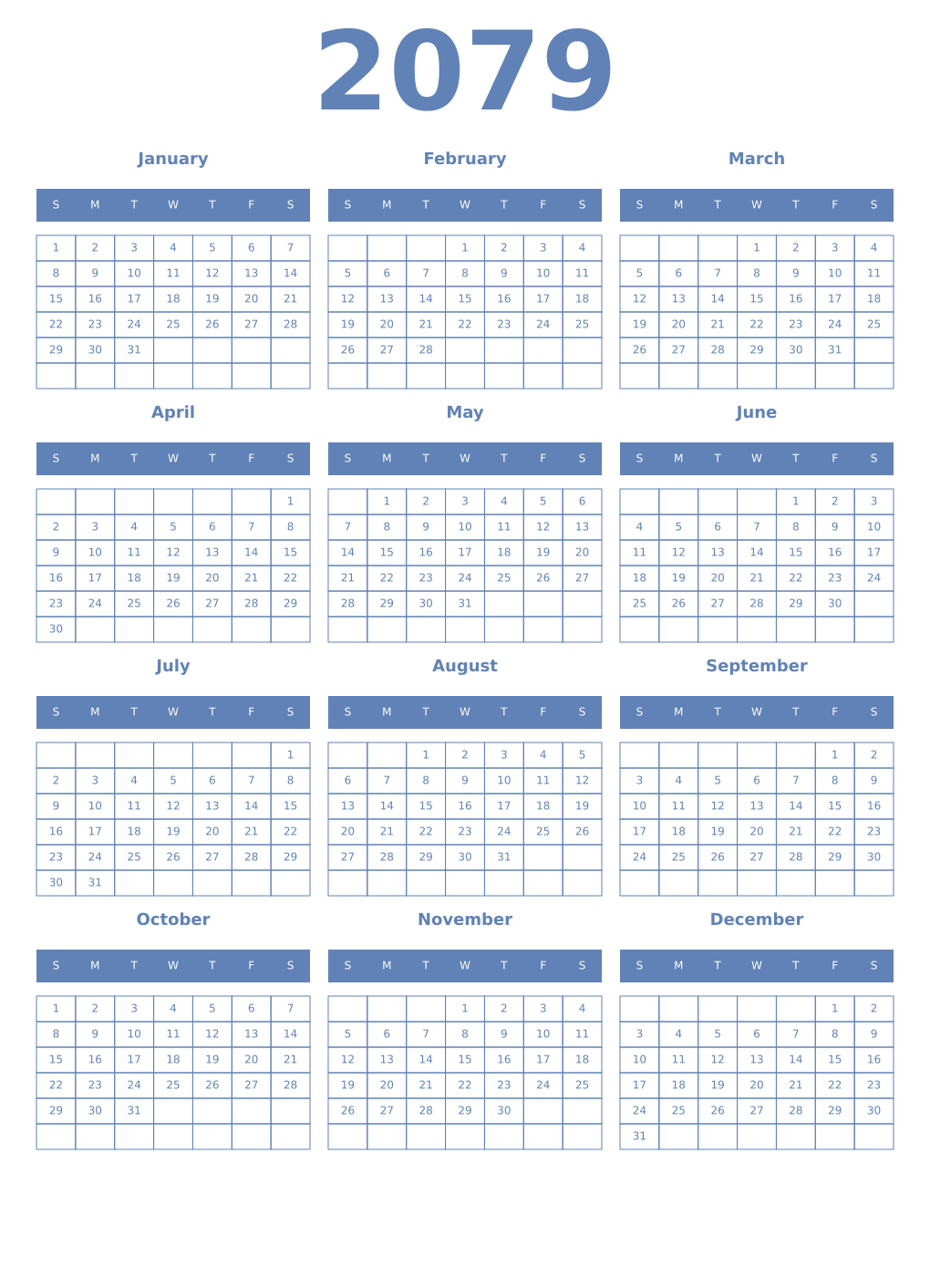 Printable 2079 Year Calendars glaucous