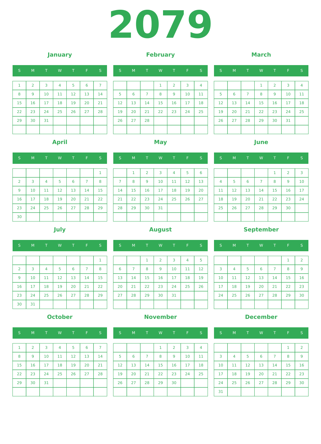 Printable 2079 Year Calendars green