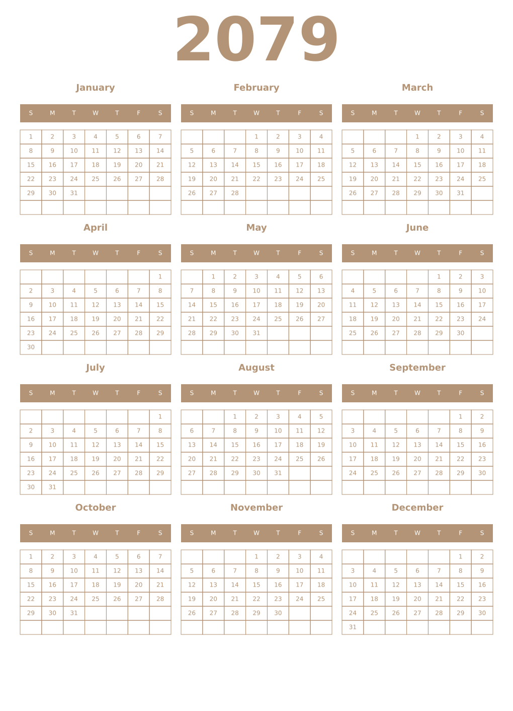 Printable 2079 Year Calendars isabelline