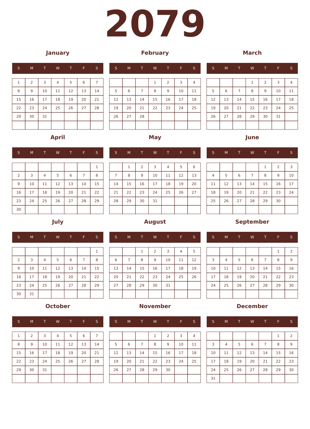 Printable 2079 Year Calendars mortuum