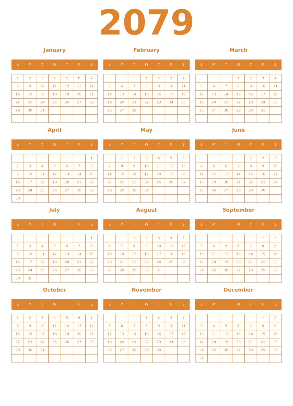 Printable 2079 Year Calendars orange