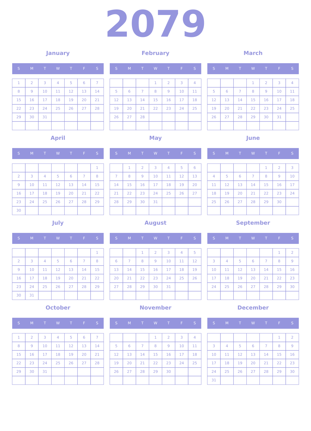 Printable 2079 Year Calendars periwinkle