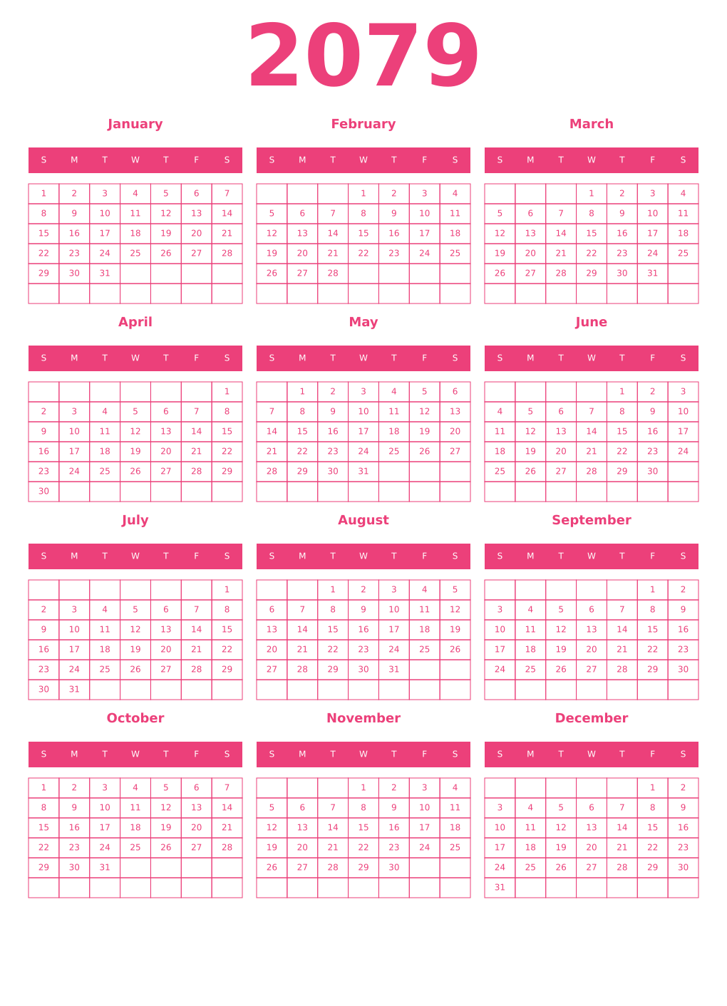 Printable 2079 Year Calendars pink