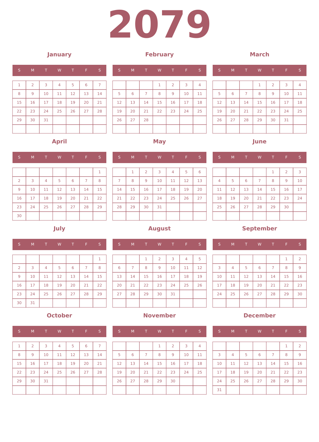 Printable 2079 Year Calendars puce