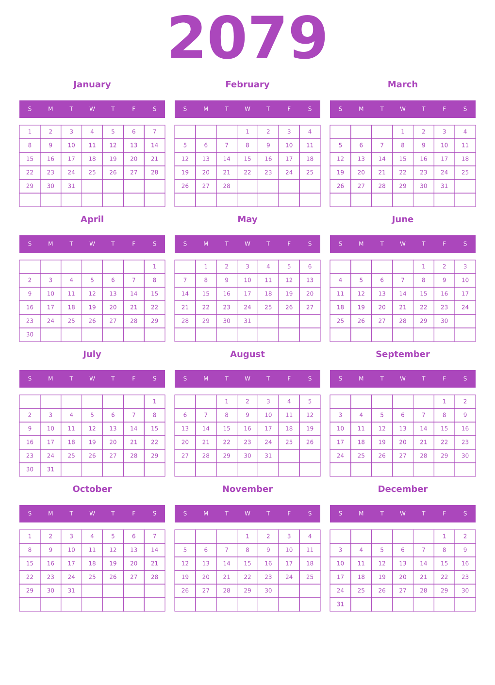 Printable 2079 Year Calendars purple