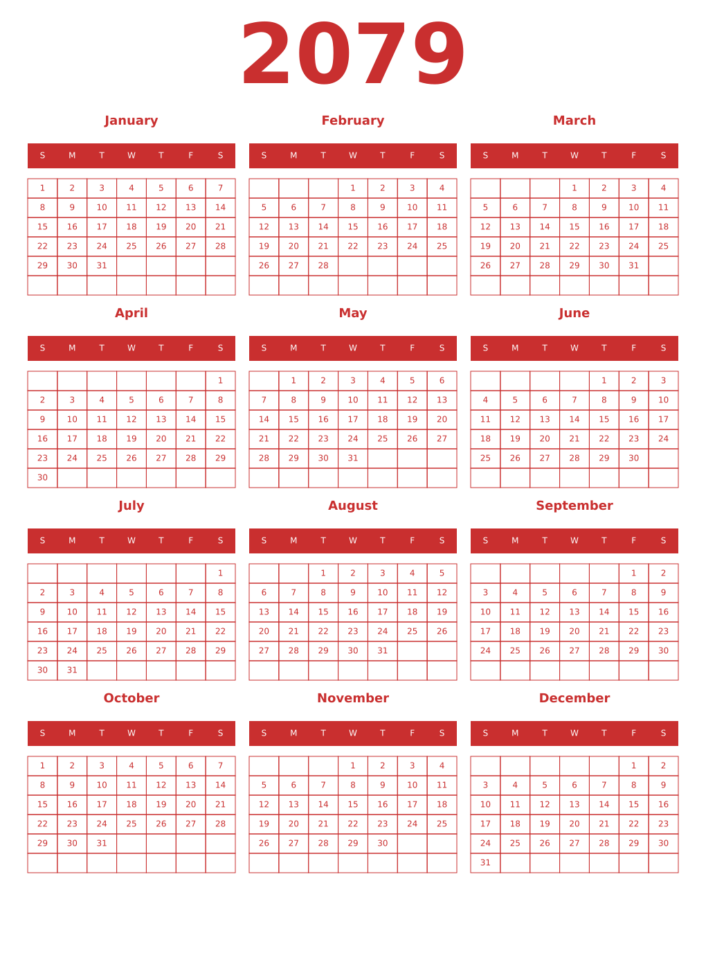 Printable 2079 Year Calendars red