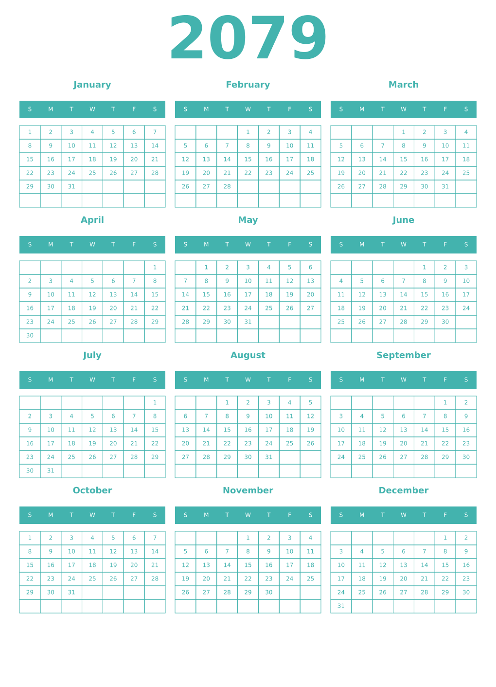 Printable 2079 Year Calendars verdigris