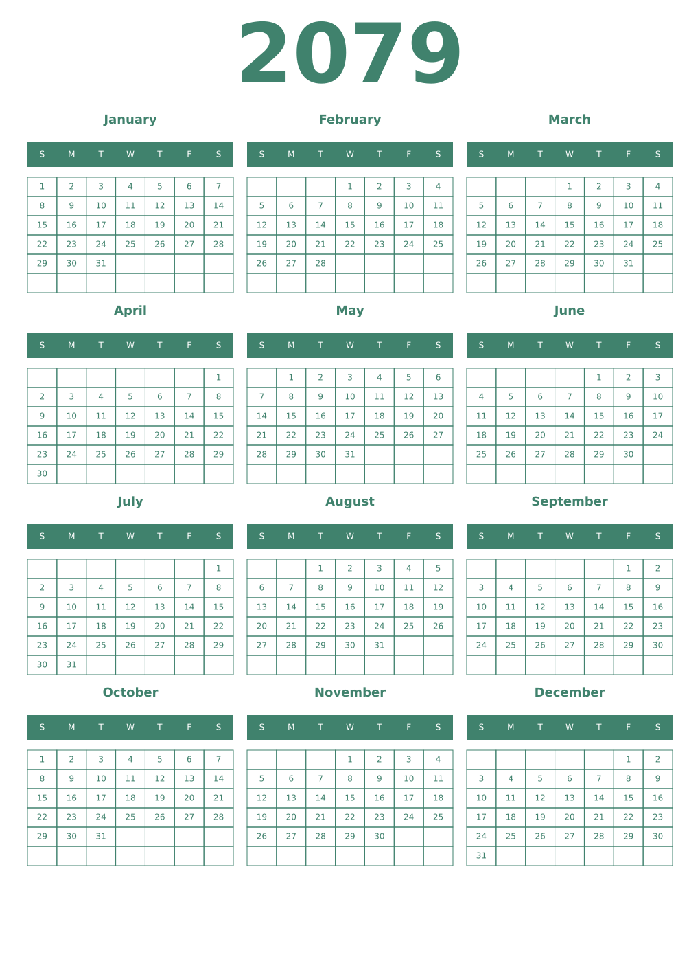 Printable 2079 Year Calendars viridian