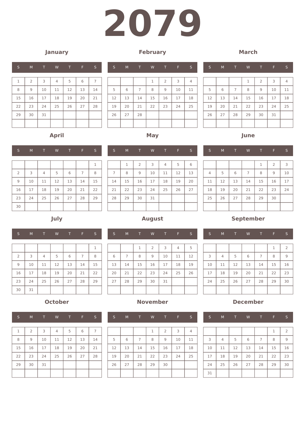 Printable 2079 Year Calendars wenge