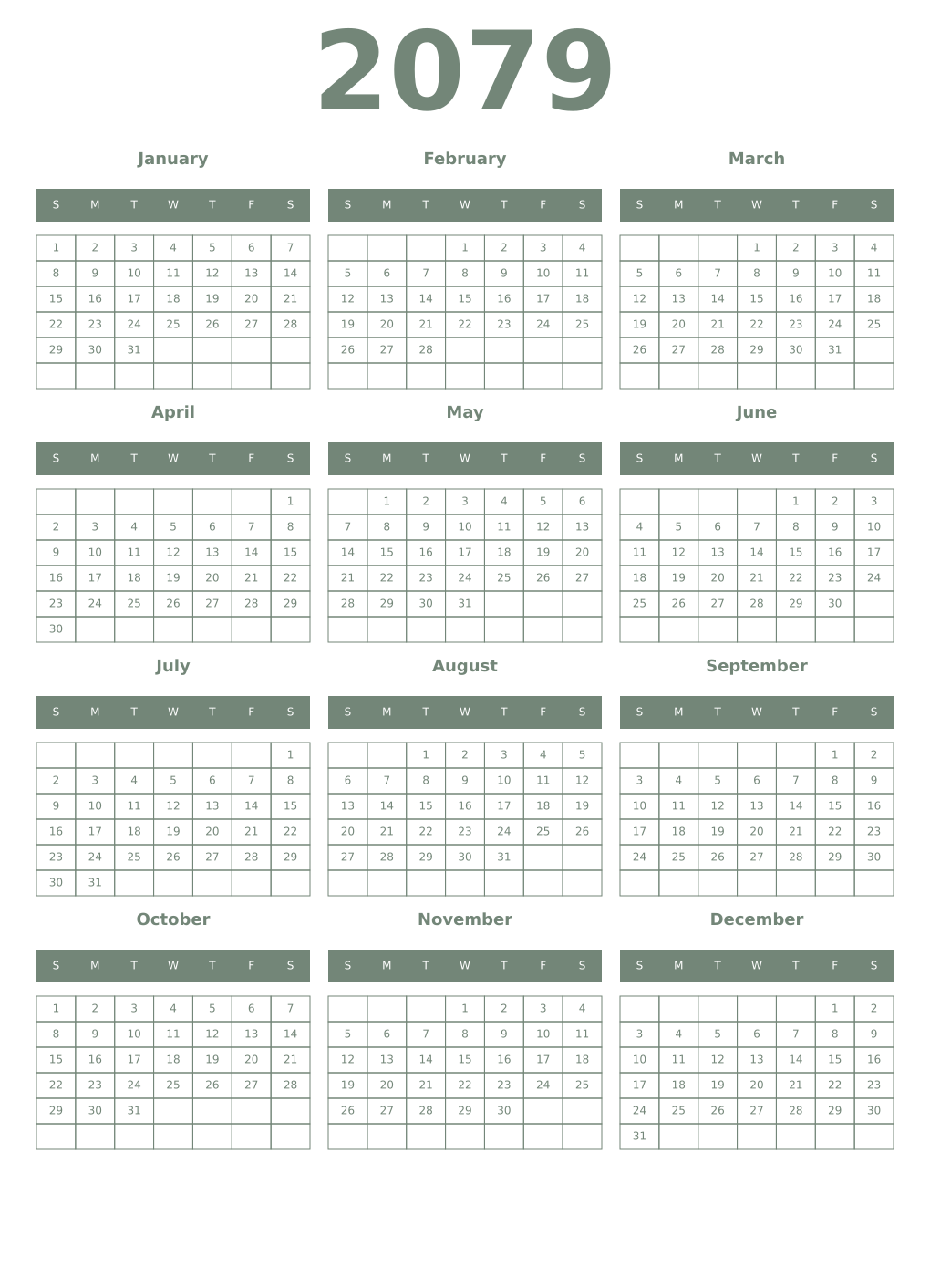 Printable 2079 Year Calendars xanadu