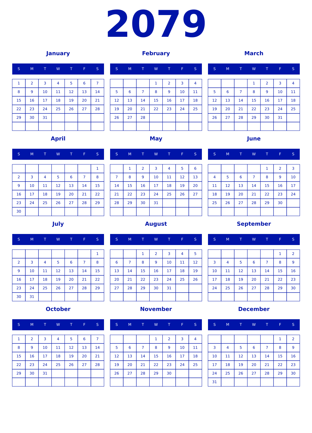 Printable 2079 Year Calendars zaffre