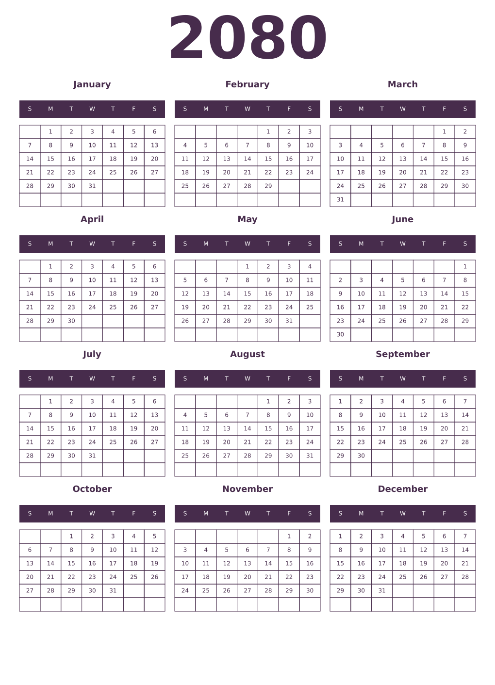 Printable 2080 Year Calendars aubergine