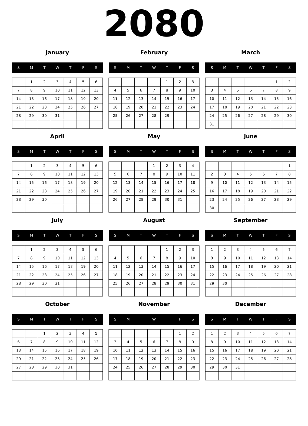 Printable 2080 Year Calendars black