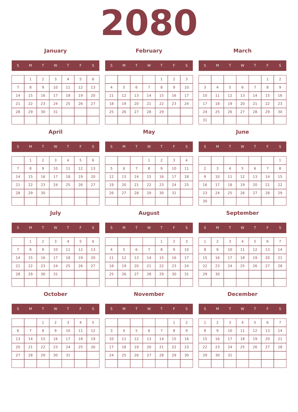 Printable 2080 Year Calendars cordovan