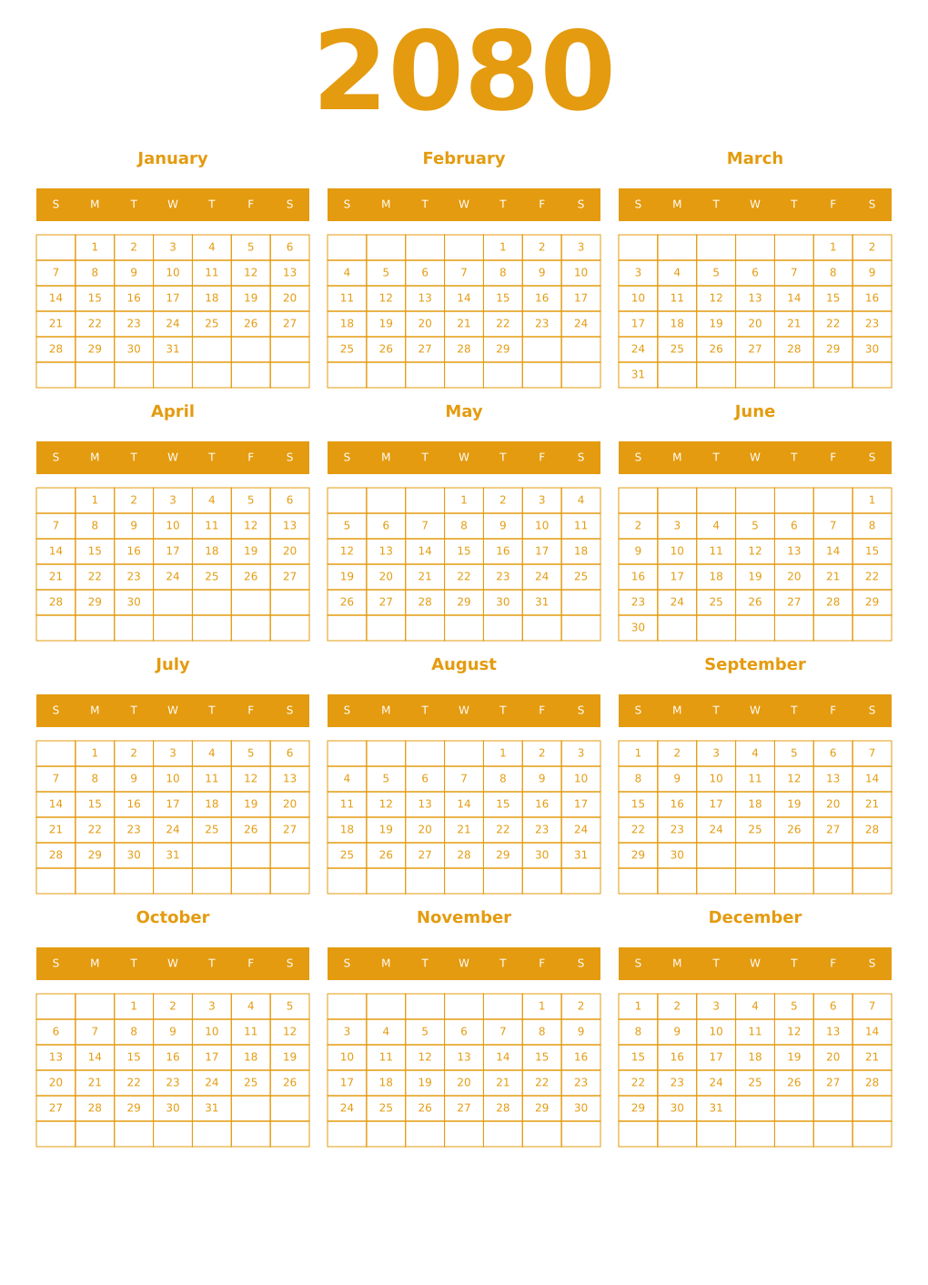 Printable 2080 Year Calendars gamboge